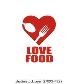 Un llamativo Diseño gráfico rojo con una forma de corazón que encierra una silueta blanca de una cuchara y un tenedor, colocado sobre un texto rojo audaz que dice 'AMOR POR LA COMIDA' centrado sobre un fondo blanco puro para