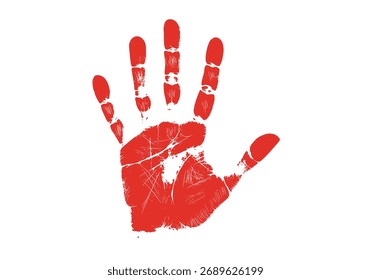 A striking red handprint design with a textured appearance suggesting a stamp or paint.