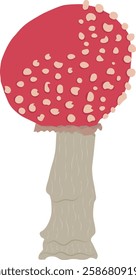 A striking red mushroom with a smooth, glossy cap, dotted with delicate white specks, growing in a lush forest environment.