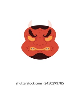 A striking red oni mask vector illustration, capturing traditional Kabuki theatre's dramatic essence.