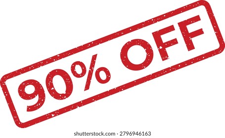 Striking red rubber stamp effect with a textured finish indicating a ninety percent markdown for various commercial advertising needs.