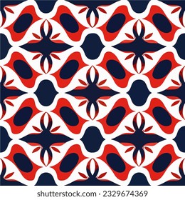 Striking red, white, and blue fabric pattern on a black background, showcasing a seamless design that repeats beautifully.