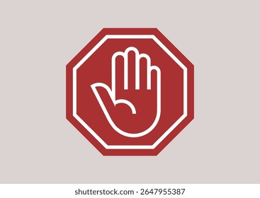 A striking representation of a stop sign hand, featuring a clean red and white design, This artwork captures the essence of halting movement with elegance and clarity in a minimalist style