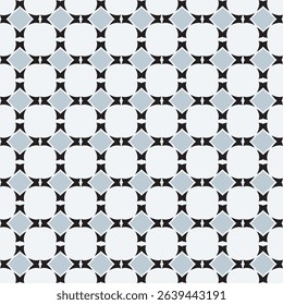 
A striking seamless abstract pattern featuring bold black circular shapes intersected by sharp red bow-like accents and light gray diamond elements. This modern vector design is ideal for textiles, 