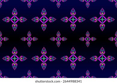Striking seamless ethnic pattern with glowing neon tribal and floral-inspired motifs in shades of purple, pink, and cyan on a dark teal background. Perfect for modern fashion and digital designs.