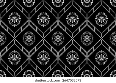 Padrão de pixel étnico perfeito impressionante com diamantes geométricos interconectados e intrincados motivos circulares em branco , fundo preto arrojado , ideal , têxteis tradicionais, modernos, moda, digital