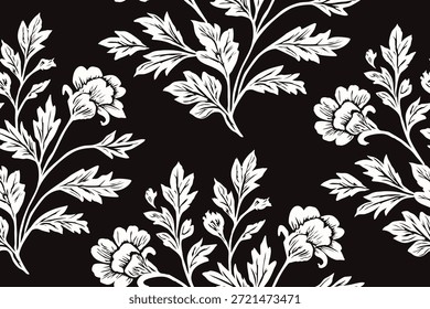 Un llamativo patrón floral sin fisuras con ilustraciones botánicas blancas detalladas sobre un fondo negro profundo, que muestra la elegancia clásica y el contraste audaz.