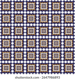 Padrão geométrico perfeito impressionante com campos de estrelas alternados e quadrados ornamentais. Uma paleta azul, branca e dourada de alto contraste incorpora tendências modernas de design decorativo e festivo.