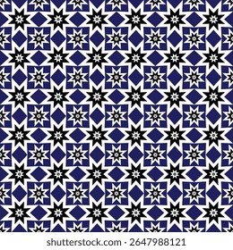 Padrão geométrico perfeito impressionante com campos de estrelas alternados e quadrados ornamentais. Uma paleta azul, branca e dourada de alto contraste incorpora tendências modernas de design decorativo e festivo.