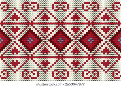 Striking seamless knitted pattern featuring red diamonds and cream accents in a Nordic-inspired design. Ideal for winter crafts, cozy fabrics, traditional textiles, and festive digital projects.