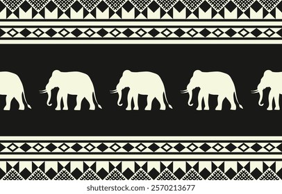 Striking seamless pattern with elephant silhouettes and bold geometric motifs. Black and beige color palette. Suitable for fashion apparel, home decor, interior design,and cultural projects.