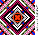 A striking seamless pattern featuring a bold red star motif in the center of a diamond layout. Surrounded by black, white, pink, and green geometric pixel borders, this ethnic-inspired 