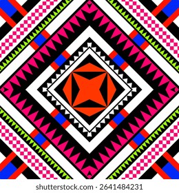 A striking seamless pattern featuring a bold red star motif in the center of a diamond layout. Surrounded by black, white, pink, and green geometric pixel borders, this ethnic-inspired 