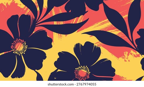 Striking seamless pattern featuring bold dark floral silhouettes of flowers and leaves, set against a vibrant distressed abstract background in yellow and red.