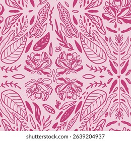 A striking seamless pattern featuring hand-drawn floral and leaf elements in a bold monochrome pink palette. Ideal for textile prints, fashion accessories, packaging, wrapping paper