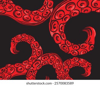 Striking seamless pattern featuring vibrant red octopus tentacles twisting and turning against a stark black backdrop, creating a captivating marine design