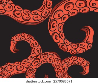 Striking seamless pattern featuring vibrant red octopus tentacles twisting and turning against a stark black backdrop, creating a captivating marine design