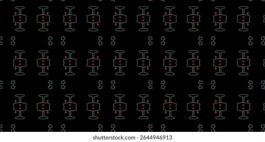 Striking seamless pattern with glowing futuristic symbols and stars on a black background. Great for fashion prints, tech designs, or nightlife themes. Includes futuristic, seamless, black, neon, patt