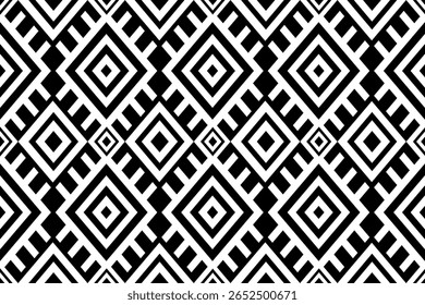 A striking seamless pattern showcases a bold black and white geometric design Interconnected diamond shapes and sharp lines create an optical art effect a captivating visual texture