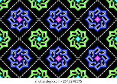 Padrão impressionante de arte em pixels sem costura, influência étnica da arte popular. Possui um fundo preto arrojado, desenhos intrincados em azul elétrico, verde-limão, roxo, ideal para têxteis, moda, digital, criativo