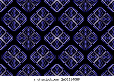 A striking seamless pixel art pattern ,bold ethnic geometric diamond motifs in vibrant electric blue shades against a dark black background. Modern textile design,edgy fashion prints,vibrant, tribal 
