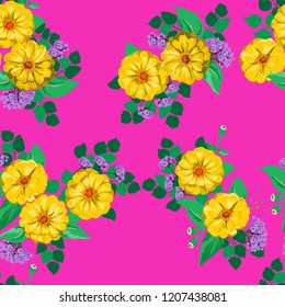 Striking seamless plant pattern in garden flowers of zinnia. Millefleur. Floral vibrant background for textile, wallpaper, covers, surface, print, gift wrap, scrapbooking, decoupage.