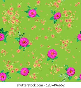 Striking seamless plant pattern in garden flowers of zinnia. Millefleur. Floral vibrant background for textile, wallpaper, covers, surface, print, gift wrap, scrapbooking, decoupage.