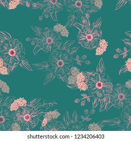 Striking seamless plant pattern in garden flowers of zinnia. Millefleur. Floral vibrant background for textile, wallpaper, covers, surface, print, gift wrap, scrapbooking, decoupage.