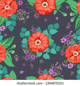 Striking seamless plant pattern in garden flowers of zinnia. Millefleur. Floral vibrant background for textile, wallpaper, covers, surface, print, gift wrap, scrapbooking, decoupage.