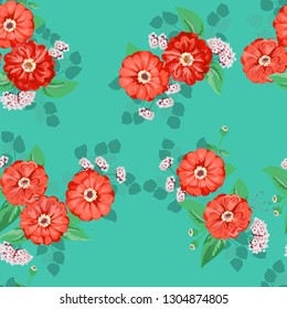 Striking seamless plant pattern in garden flowers of zinnia. Millefleur. Floral vibrant background for textile, wallpaper, covers, surface, print, gift wrap, scrapbooking, decoupage.