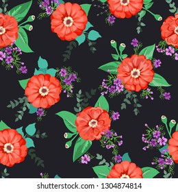 Striking seamless plant pattern in garden flowers of zinnia. Millefleur. Floral vibrant background for textile, wallpaper, covers, surface, print, gift wrap, scrapbooking, decoupage.