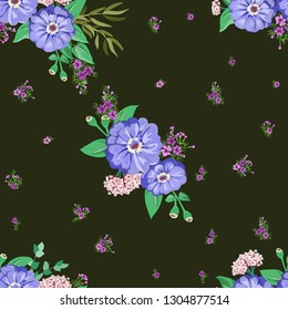 Striking seamless plant pattern in garden flowers of zinnia. Millefleur. Floral vibrant background for textile, wallpaper, covers, surface, print, gift wrap, scrapbooking, decoupage.