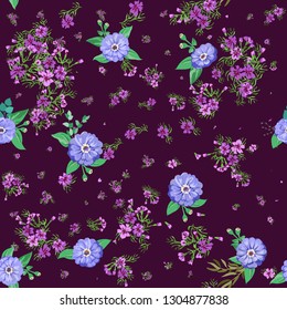 Striking seamless plant pattern in garden flowers of zinnia. Millefleur. Floral vibrant background for textile, wallpaper, covers, surface, print, gift wrap, scrapbooking, decoupage.
