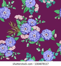 Striking seamless plant pattern in garden flowers of zinnia. Millefleur. Floral vibrant background for textile, wallpaper, covers, surface, print, gift wrap, scrapbooking, decoupage.