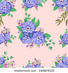 Striking seamless plant pattern in garden flowers of zinnia. Millefleur. Floral vibrant background for textile, wallpaper, covers, surface, print, gift wrap, scrapbooking, decoupage.