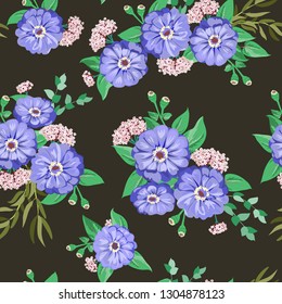 Striking seamless plant pattern in garden flowers of zinnia. Millefleur. Floral vibrant background for textile, wallpaper, covers, surface, print, gift wrap, scrapbooking, decoupage.