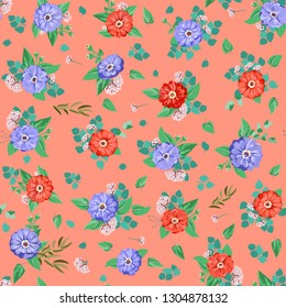 Striking seamless plant pattern in garden flowers of zinnia. Millefleur. Floral vibrant background for textile, wallpaper, covers, surface, print, gift wrap, scrapbooking, decoupage.