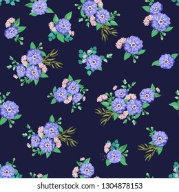 Striking seamless plant pattern in garden flowers of zinnia. Millefleur. Floral vibrant background for textile, wallpaper, covers, surface, print, gift wrap, scrapbooking, decoupage.