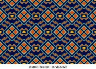 A striking, seamless tribal pattern featuring a symmetrical arrangement of diamond and zigzag motifs rendered in a distinct pixel art style. This ethnic-inspired pixelated print evokes a sense of her