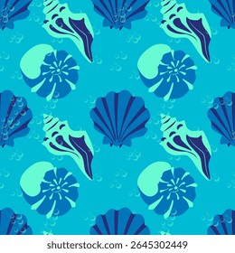 Striking seamless vector pattern with bold shell silhouettes (conches, clams). High-contrast palette. Clean repeat, modern design.