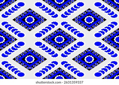 Striking seamless vector pattern featuring alternating blue and black diamond shapes with intricate concentric borders and unique wave-like floral elements. A vibrant, traditional ethnic design.