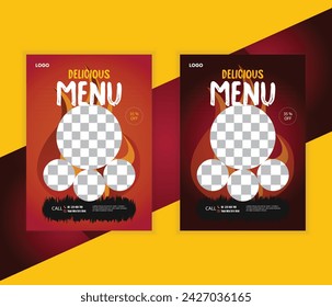una sorprendente selección de modernos folletos de restaurantes A4 y plantillas de menú. Gráficos vectoriales para plantillas relacionadas con alimentos y bebidas, diseños de portadas y material promocional.