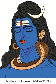 A striking and serene vector portrait of Lord Shiva, featuring his iconic third eye, crescent moon, and Ganga flowing from his matted hair