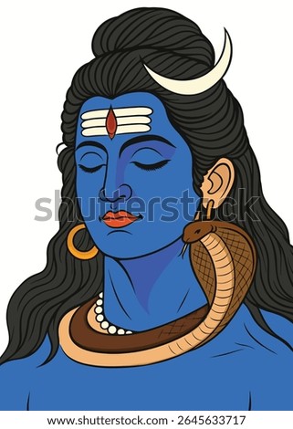 A striking and serene vector portrait of Lord Shiva, featuring his iconic third eye, crescent moon, and Ganga flowing from his matted hair