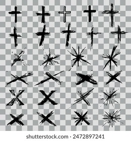 A striking set of black graphic shapes varying from stars to crosses and abstract forms, each distinct in design, suitable for icons, logos, or creative embellishments
