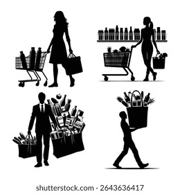 A striking set of four silhouettes depicting people shopping for groceries. The distinctive silhouette style is bold and graphic, perfect for illustrating shopping, consumerism.