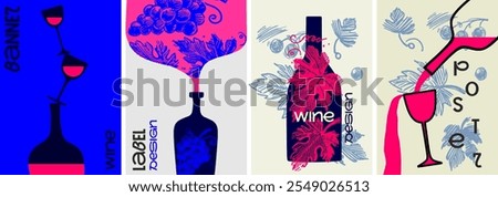 A striking set of wine posters featuring bold colors, intricate grapevine patterns, and modern typography, ideal for banners, labels, and creative events.