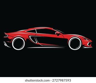 Una llamativa Ilustración vectorial de perfil lateral de un deportivo rojo moderno sobre un fondo negro sólido. La obra de arte presenta contornos blancos de alto contraste que enfatizan las líneas elegantes de la carrocería, la forma aerodinámica y detalles como las ruedas y la toma de aire lateral. El color rojo intenso del cupé destaca dramáticamente, creando un Diseño gráfico elegante y dinámico.