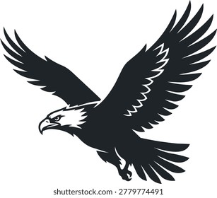 A striking silhouette of a bald eagle in mid-flight, wings spread wide, showcasing its powerful form and sharp features.