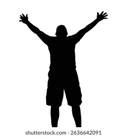 A striking silhouette captures a person standing triumphantly with arms raised in the air. The figure, silhouetted against a white backdrop, wears a shirt and shorts.